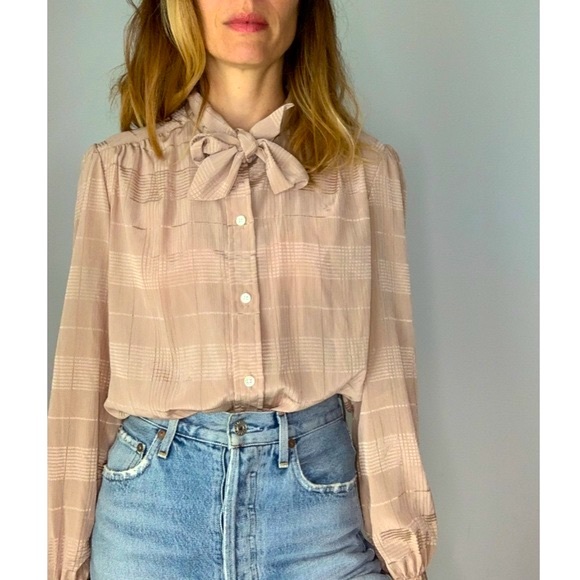 NWT Vintage Dead Stock Stripped Pussy Bow Beige Blouse - Picture 4 of 16
